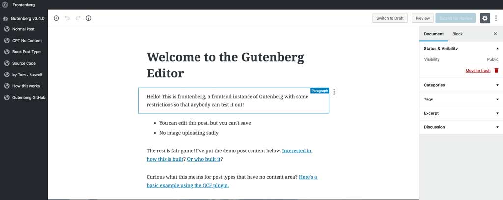 Der Gutenberg-Editor im Einsatz (Quelle: https://frontenberg.tomjn.com/)